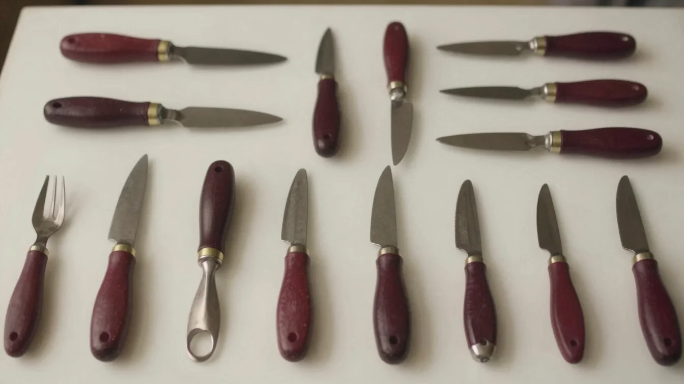 Overhead view of a butcher's tools arranged neatly on a clean whi