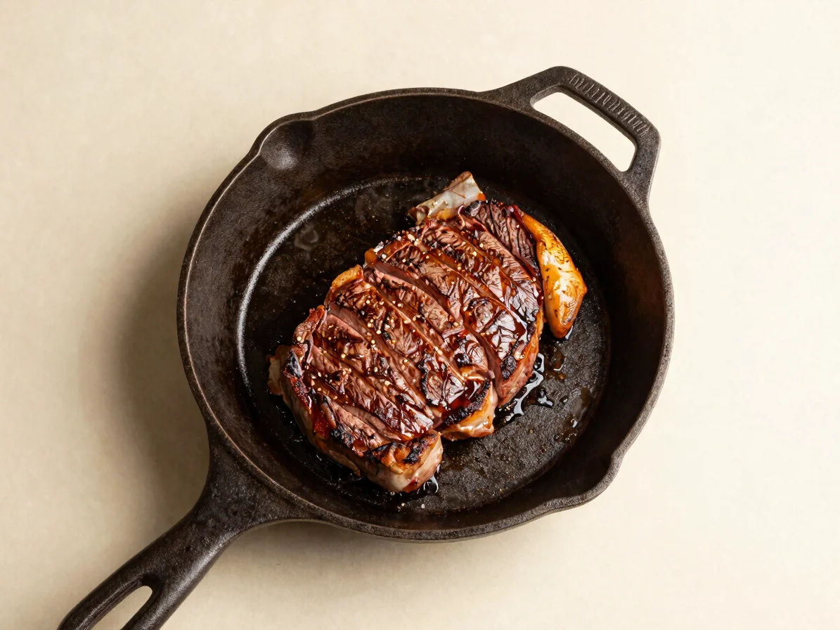 Overhead editorial photograph of a cast-iron skillet holding a se