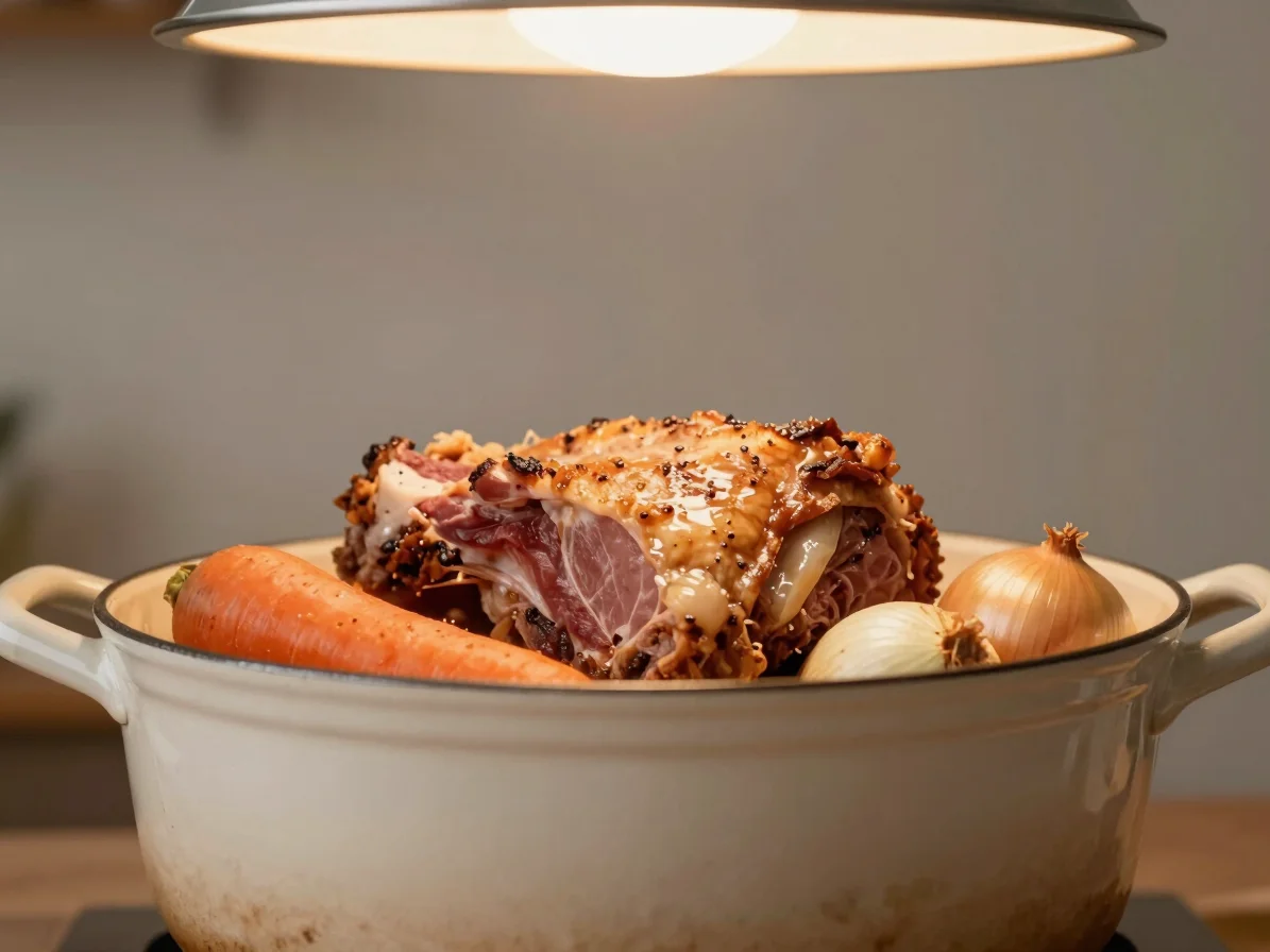 Editorial photograph of a roasting pot with a golden pork shoulde