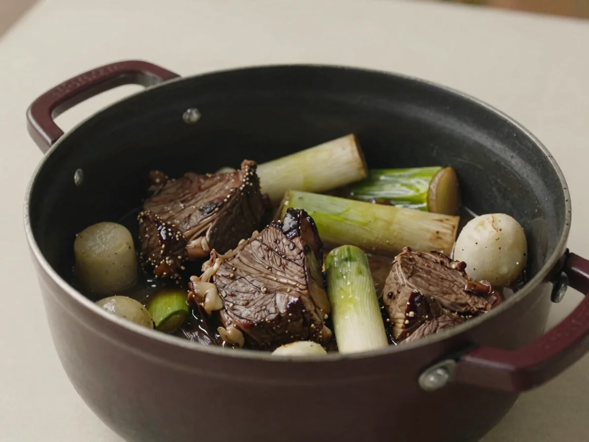 Documentary food photograph of a braising dish with beef, leeks,