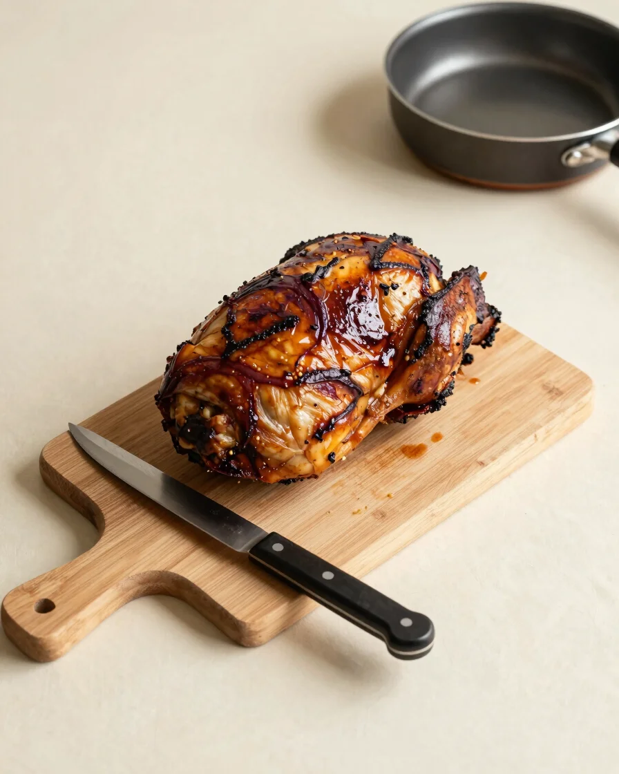 Overhead photograph of a rested roast on a wooden board beside a carving knife and a pan being deglazed, soft daylight,