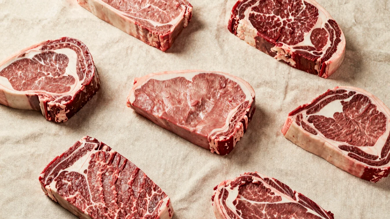 Overhead study of several raw beef cuts with distinct textures on