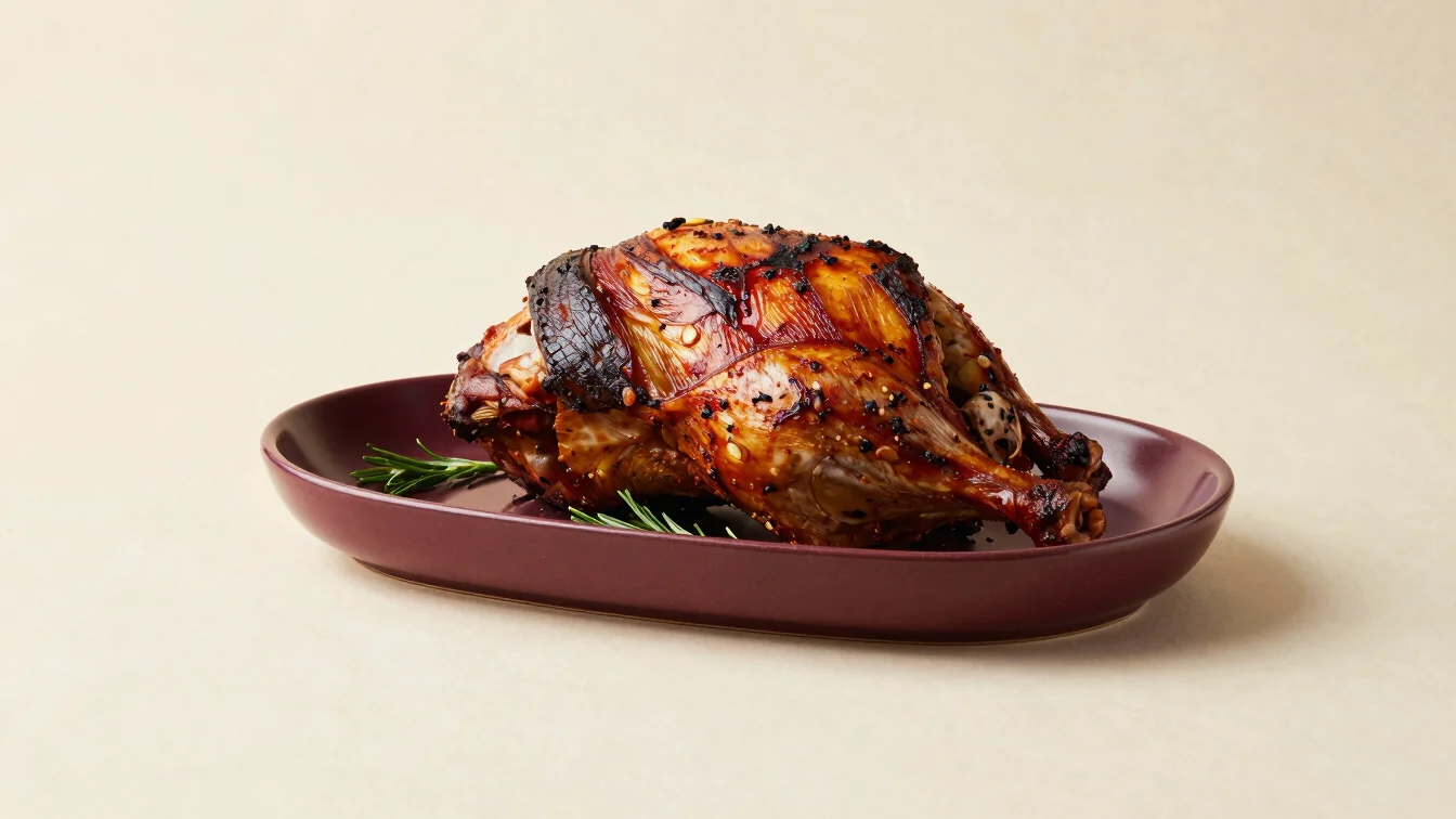 A prepared roast resting on a burgundy-toned ceramic platter with