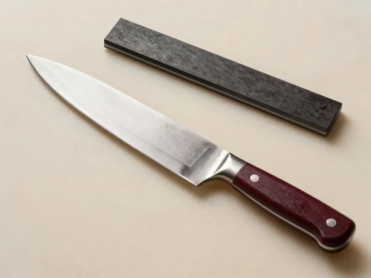 Overhead studio view of a butcher's knife, honing steel, and a cleanly trimmed cut on a neutral board, soft directional