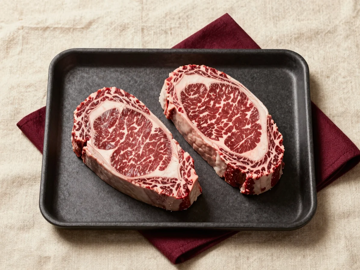 Overhead studio shot of two cuts of beef sirloin steak on a cream