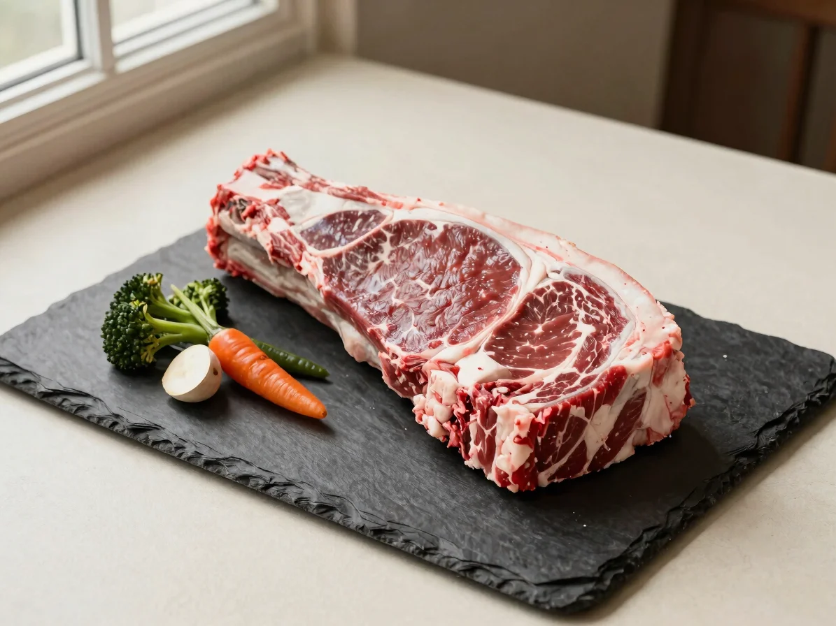 Close overhead view of a raw beef chuck roast beside aromatic veg