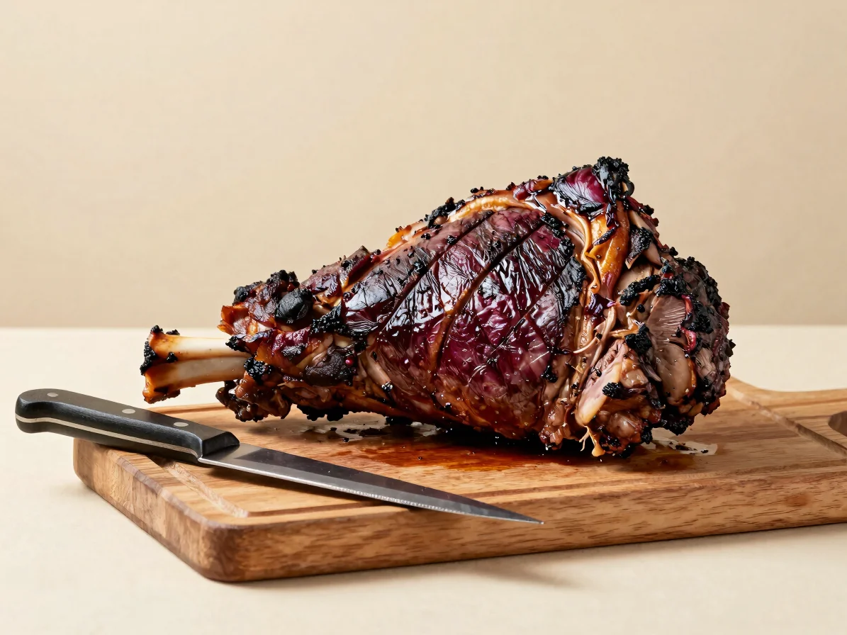 Restrained view of a roasted beef rump joint resting on a wooden
