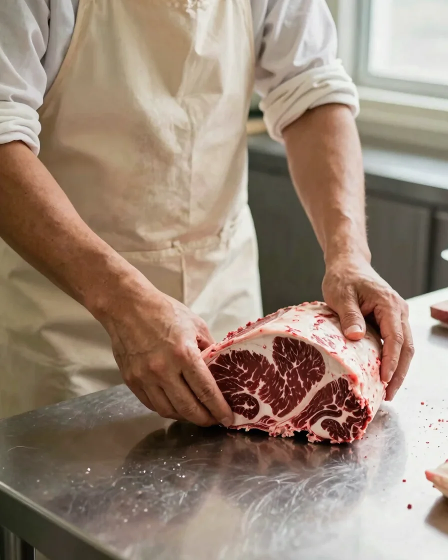 Hands in a clean butcher's apron inspecting a fresh beef cut under soft window light on a stainless steel table, close d