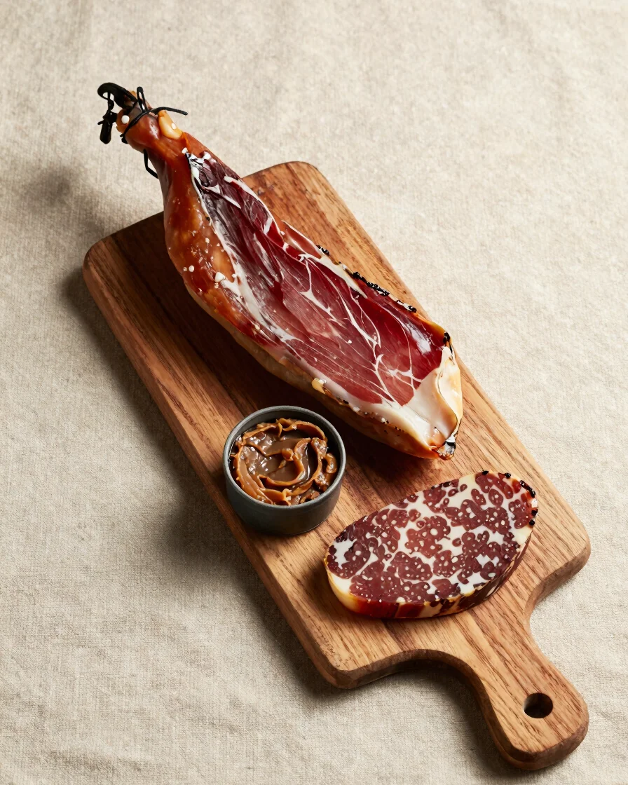Editorial overhead still life of a wooden salting board with a dr