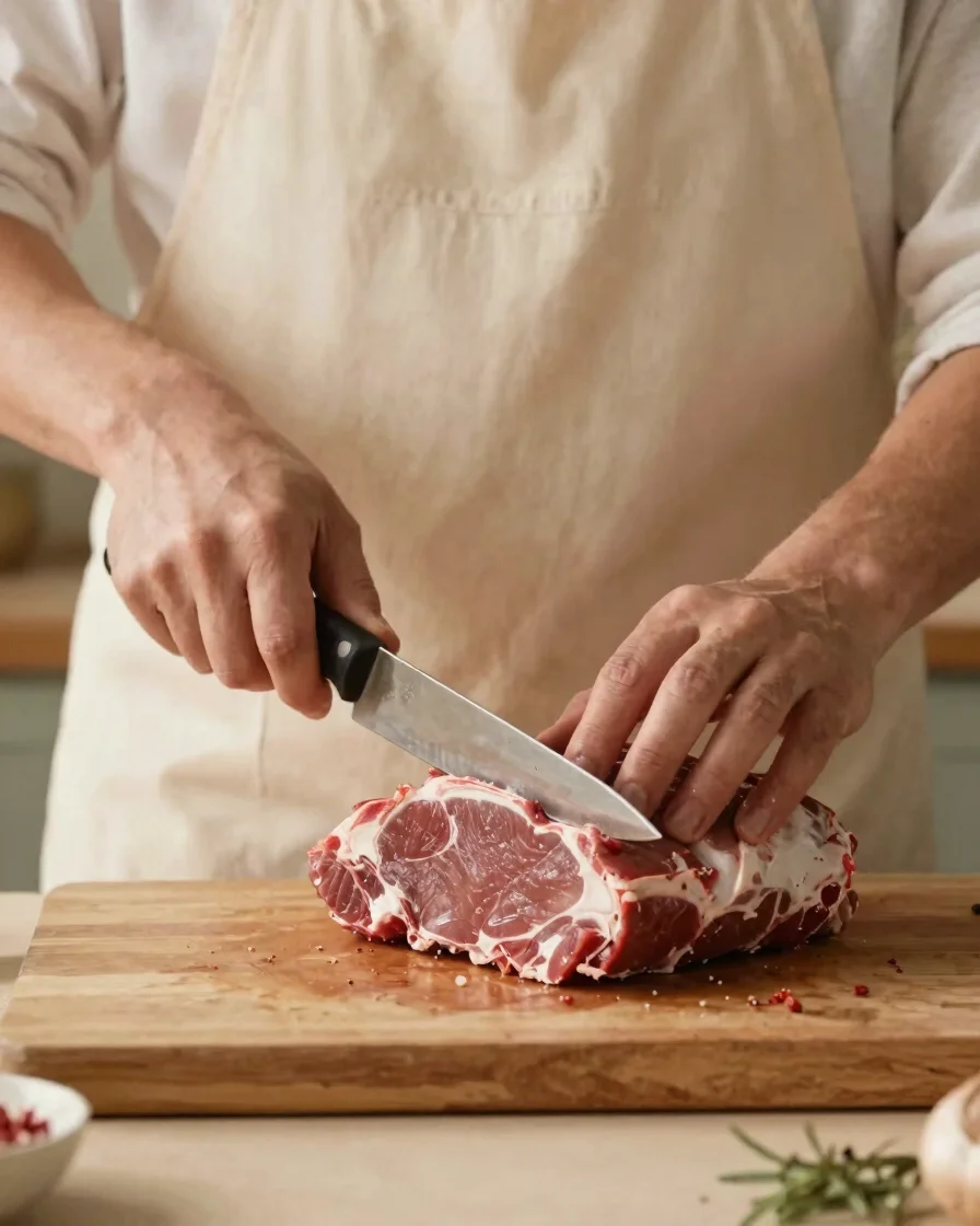 Warm documentary close-up of hands preparing a whole cut of meat